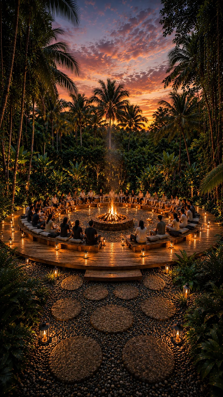 Gran ceremonia de fuego nocturna en Joy Tree con comunidad reunida al atardecer