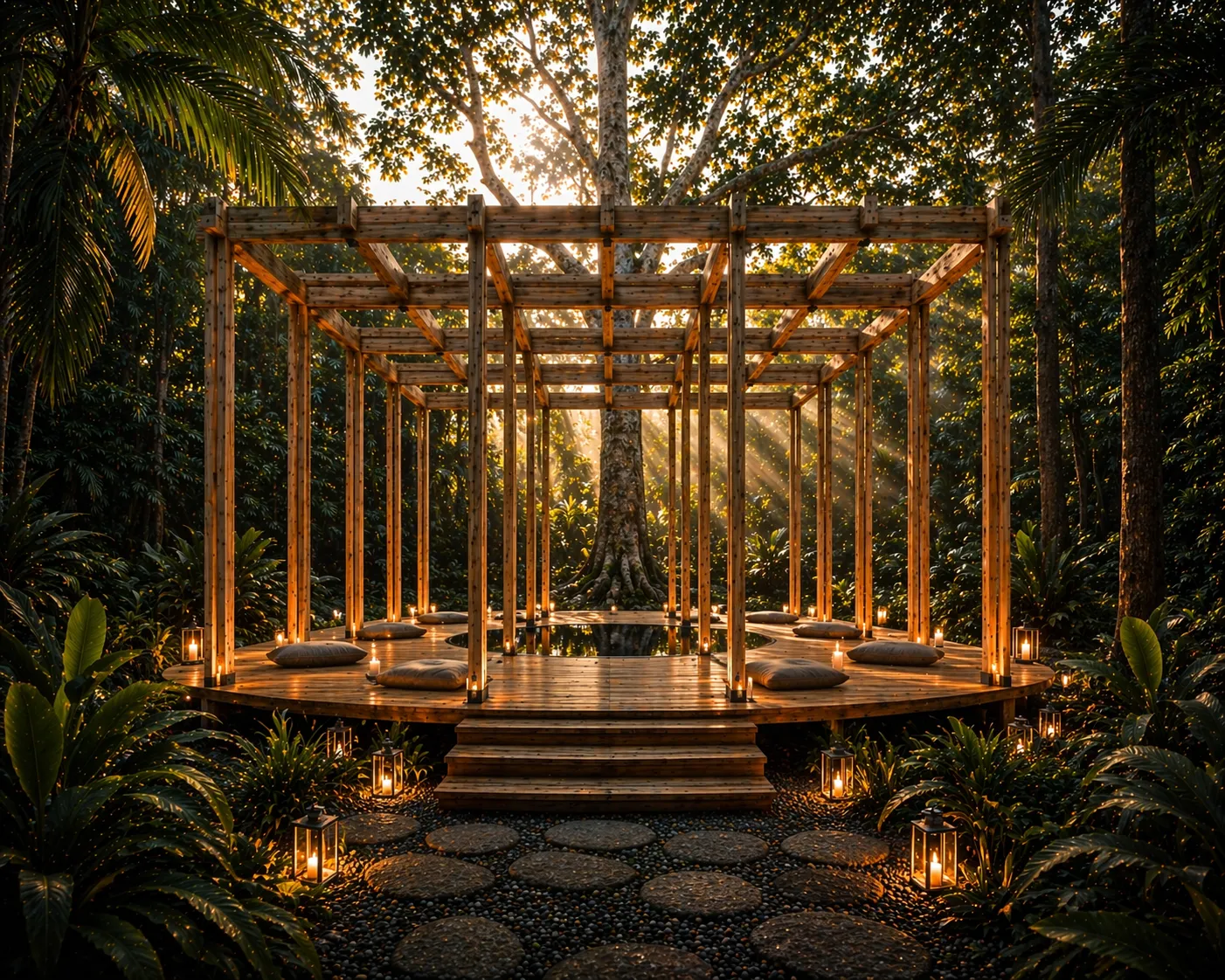 Meditación en la selva de Joy Tree — espacio de pausa consciente entre los árboles de Akumal
