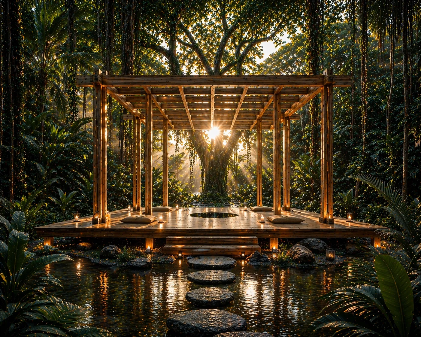 Pabellón flotante sobre la laguna de Joy Tree al atardecer — espacio de descanso sobre el agua