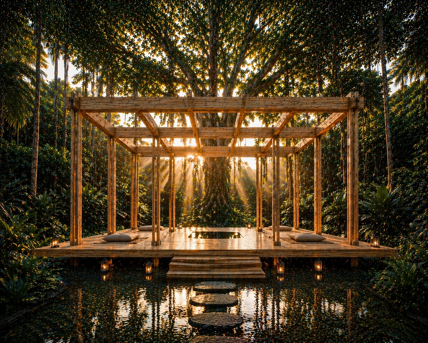 Pabellón Kineki de madera con rayos de sol y piscina reflectante en la selva de Joy Tree
