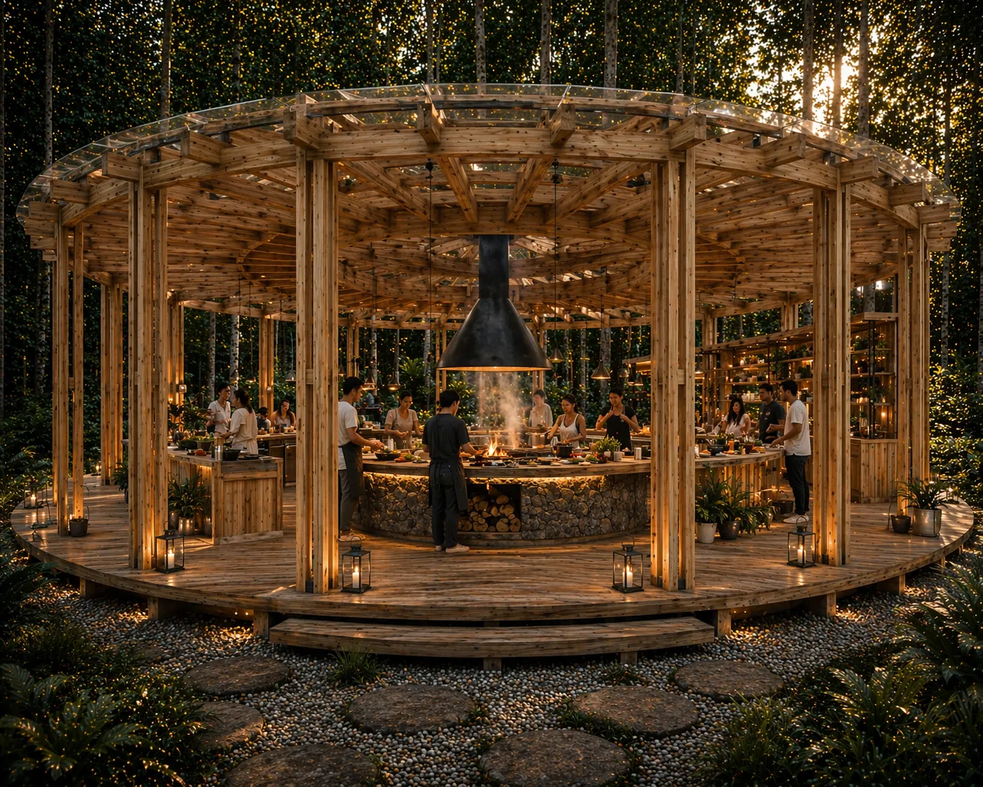 Restaurante circular de fuego vivo al atardecer en Joy Tree