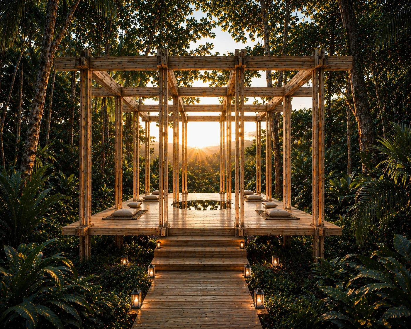 Sesión de yoga al atardecer en pabellón abierto bañado en luz dorada en Joy Tree